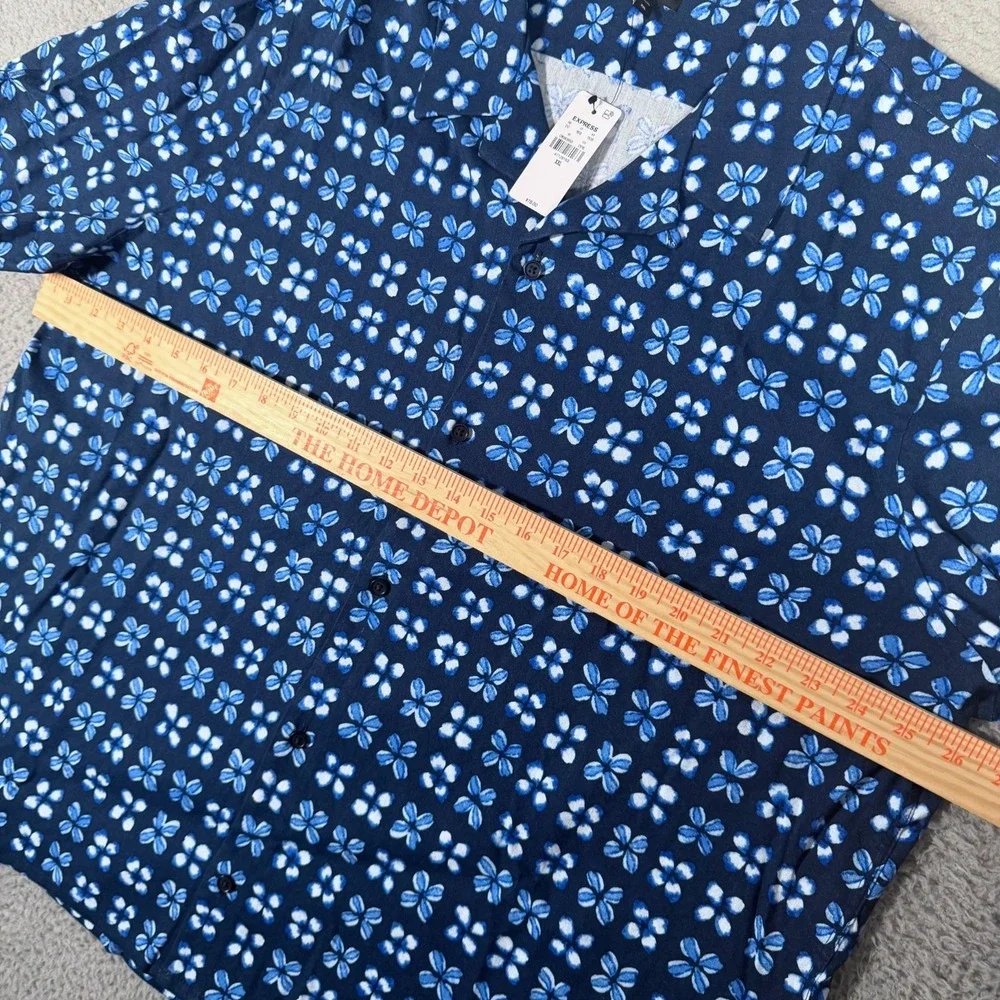 Express Shirt Mens 2XL Blue Floral Button Up Camp Linen Blend Beach Casual New